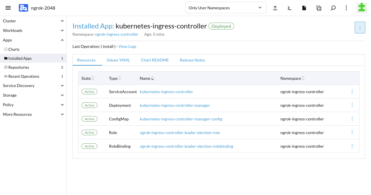 Successful deployment of the ngrok Kubernetes Operator